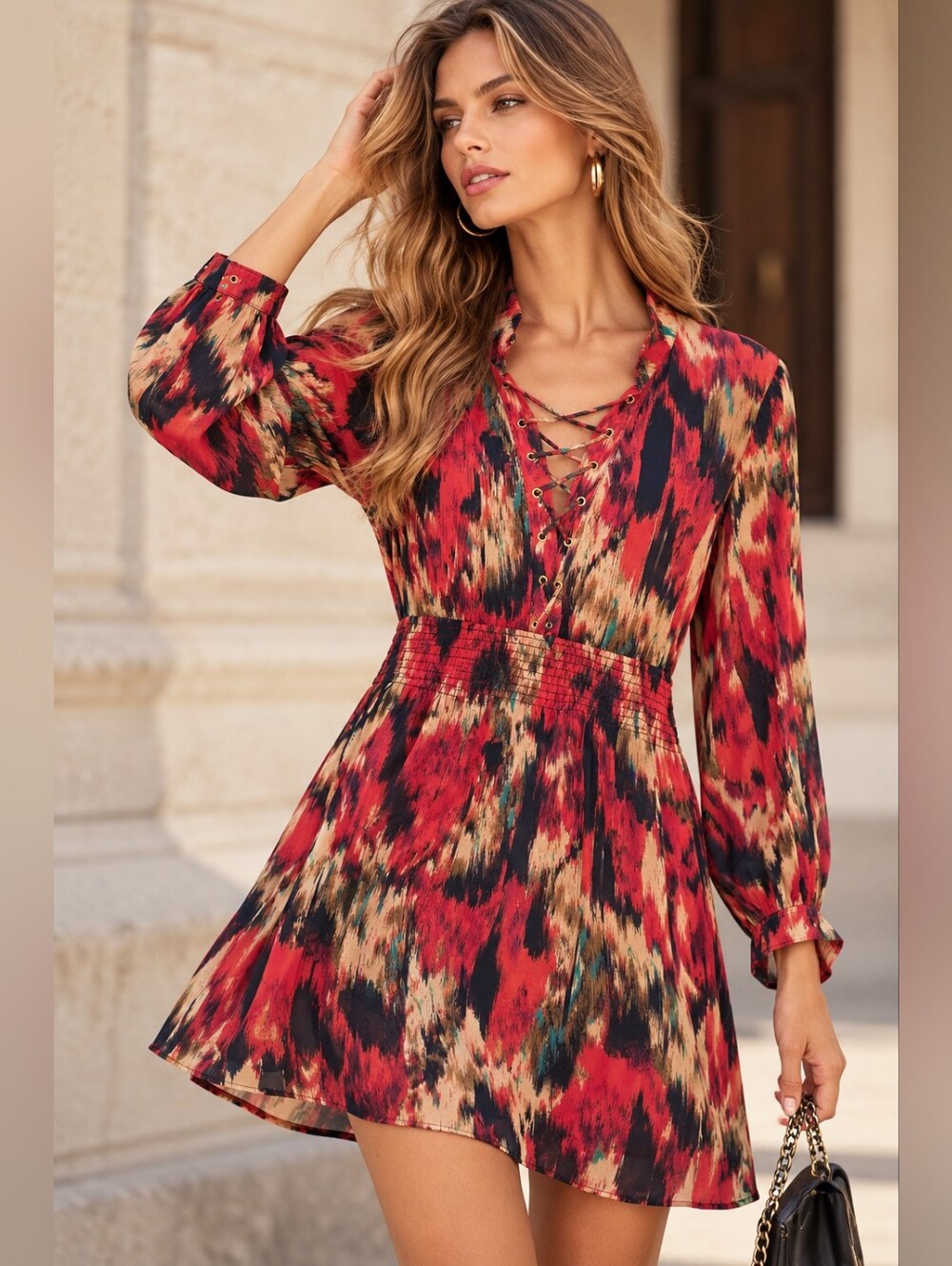 Haute Hippie 100% Silk Abstract Print Lace Up Mini Dress L